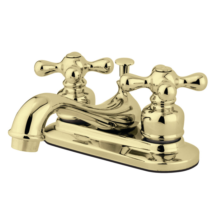 Restoration KB602AX Two-Handle 3-Hole Deck Mount 4" Centerset Bathroom Faucet with Plastic Pop-Up, Polished Brass