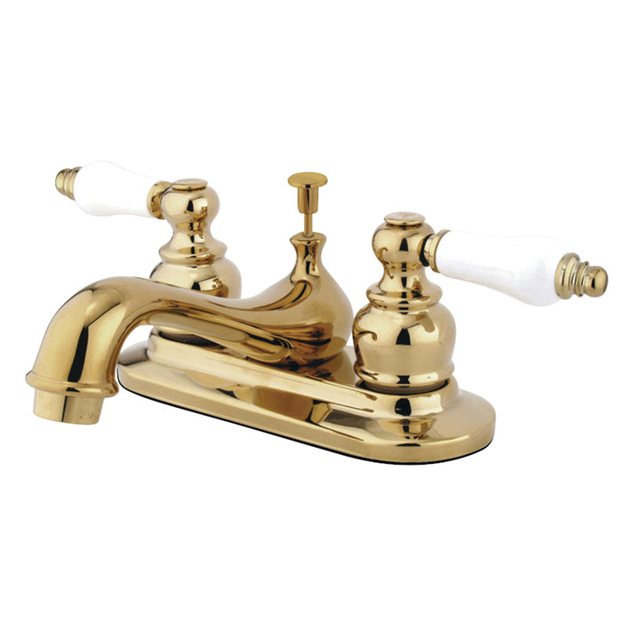 Restoration KB602B Two-Handle 3-Hole Deck Mount 4" Centerset Bathroom Faucet with Plastic Pop-Up, Polished Brass