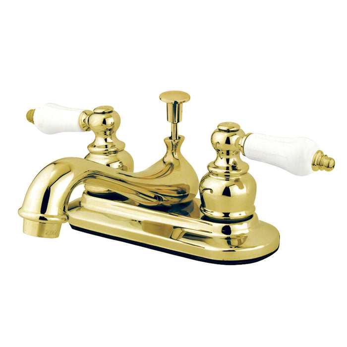 Restoration KB602PL Two-Handle 3-Hole Deck Mount 4" Centerset Bathroom Faucet with Plastic Pop-Up, Polished Brass