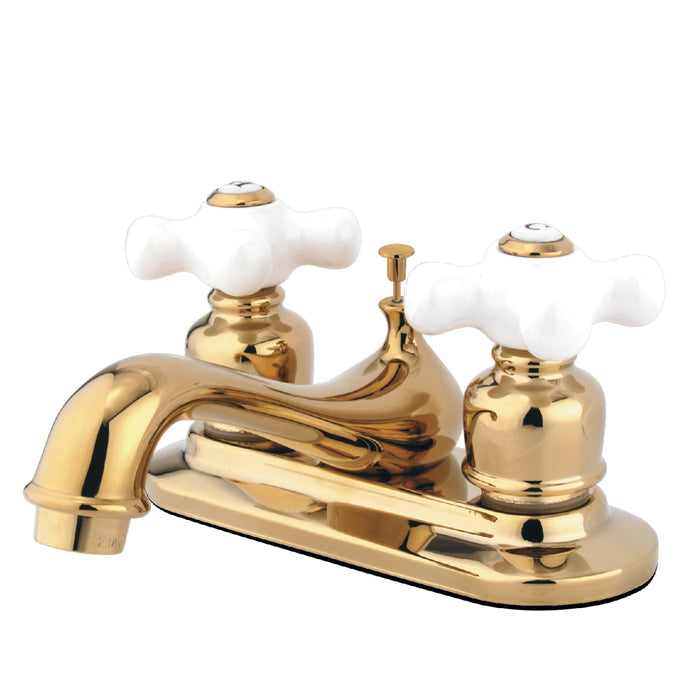 Restoration KB602PX Two-Handle 3-Hole Deck Mount 4" Centerset Bathroom Faucet with Plastic Pop-Up, Polished Brass