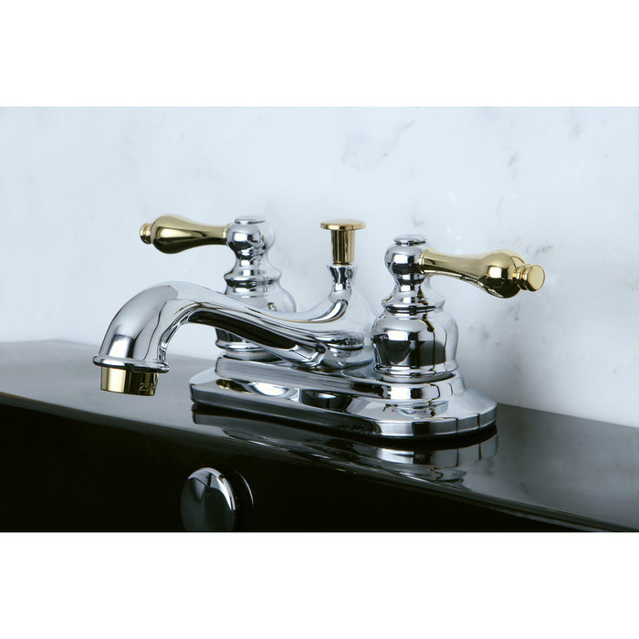 Restoration KB604AL Two-Handle 3-Hole Deck Mount 4" Centerset Bathroom Faucet with Plastic Pop-Up, Polished Chrome/Polished Brass