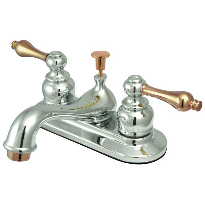 Restoration KB604AL Two-Handle 3-Hole Deck Mount 4" Centerset Bathroom Faucet with Plastic Pop-Up, Polished Chrome/Polished Brass