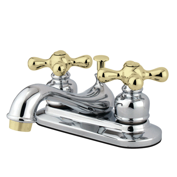 Restoration KB604AX Two-Handle 3-Hole Deck Mount 4" Centerset Bathroom Faucet with Plastic Pop-Up, Polished Chrome/Polished Brass
