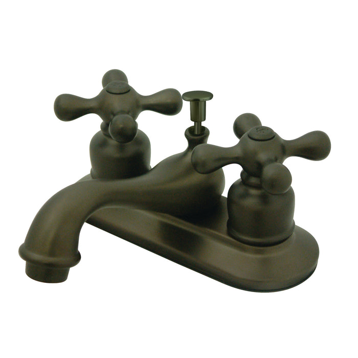 Restoration KB605AX Two-Handle 3-Hole Deck Mount 4" Centerset Bathroom Faucet with Plastic Pop-Up, Oil Rubbed Bronze