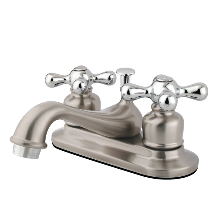 Restoration KB607AX Two-Handle 3-Hole Deck Mount 4" Centerset Bathroom Faucet with Plastic Pop-Up, Brushed Nickel/Polished Chrome