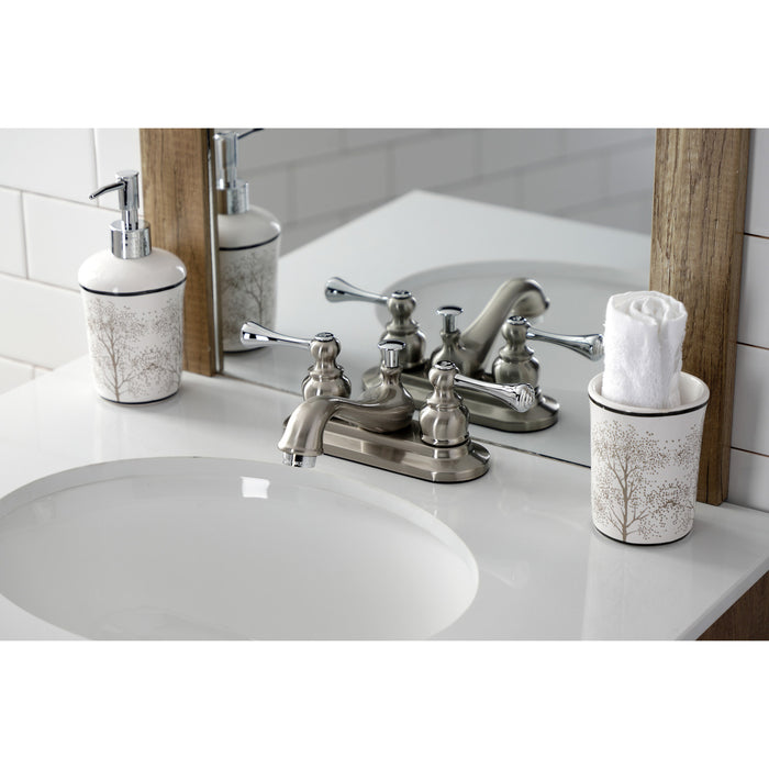 English Vintage KB607BL Two-Handle 3-Hole Deck Mount 4" Centerset Bathroom Faucet with Plastic Pop-Up, Brushed Nickel/Polished Chrome