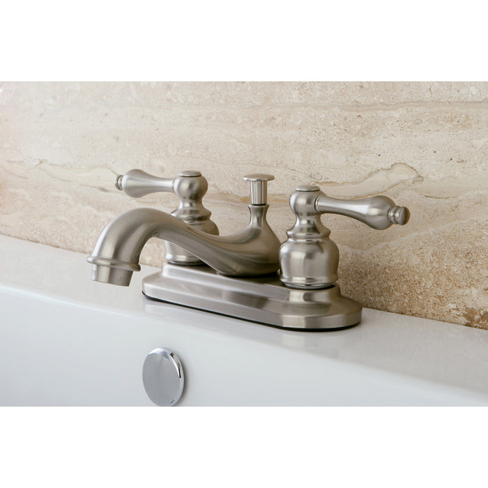 Restoration KB608AL Two-Handle 3-Hole Deck Mount 4" Centerset Bathroom Faucet with Plastic Pop-Up, Brushed Nickel