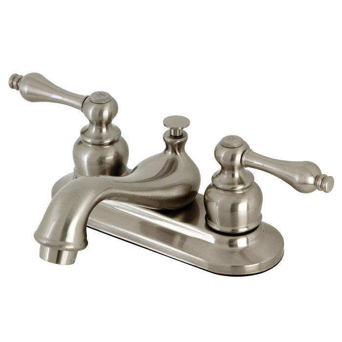 Restoration KB608ALB Two-Handle 3-Hole Deck Mount 4" Centerset Bathroom Faucet with Brass Pop-Up, Brushed Nickel