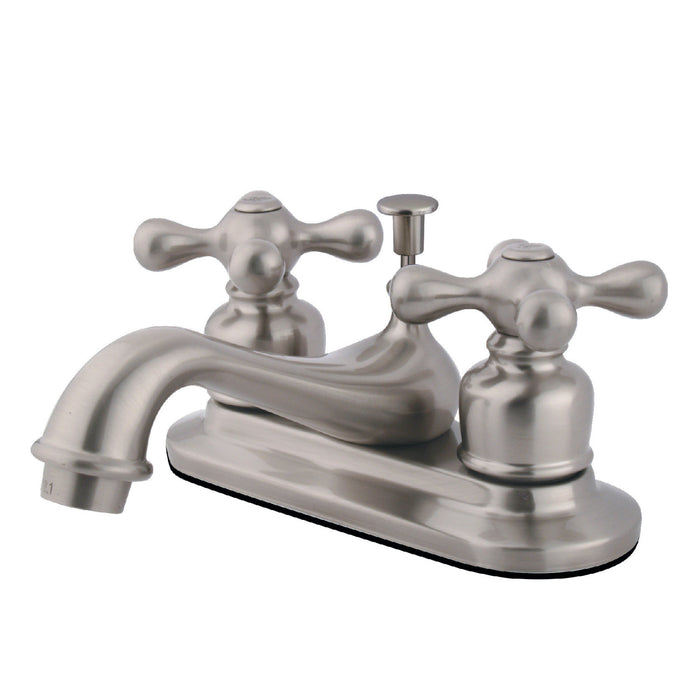 Restoration KB608AX Two-Handle 3-Hole Deck Mount 4" Centerset Bathroom Faucet with Plastic Pop-Up, Brushed Nickel