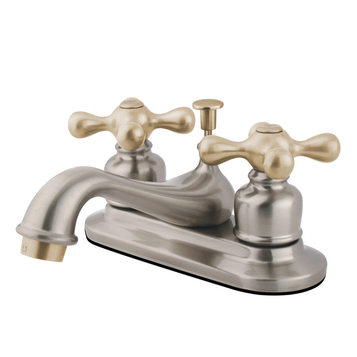 Restoration KB609AX Two-Handle 3-Hole Deck Mount 4" Centerset Bathroom Faucet with Plastic Pop-Up, Brushed Nickel/Polished Brass