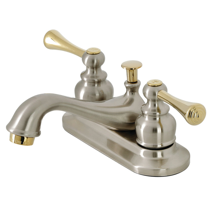 English Vintage KB609BL Two-Handle 3-Hole Deck Mount 4" Centerset Bathroom Faucet with Plastic Pop-Up, Brushed Nickel/Polished Brass