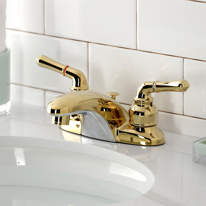 Magellan KB622 Two-Handle 3-Hole Deck Mount 4" Centerset Bathroom Faucet with Plastic Pop-Up, Polished Brass
