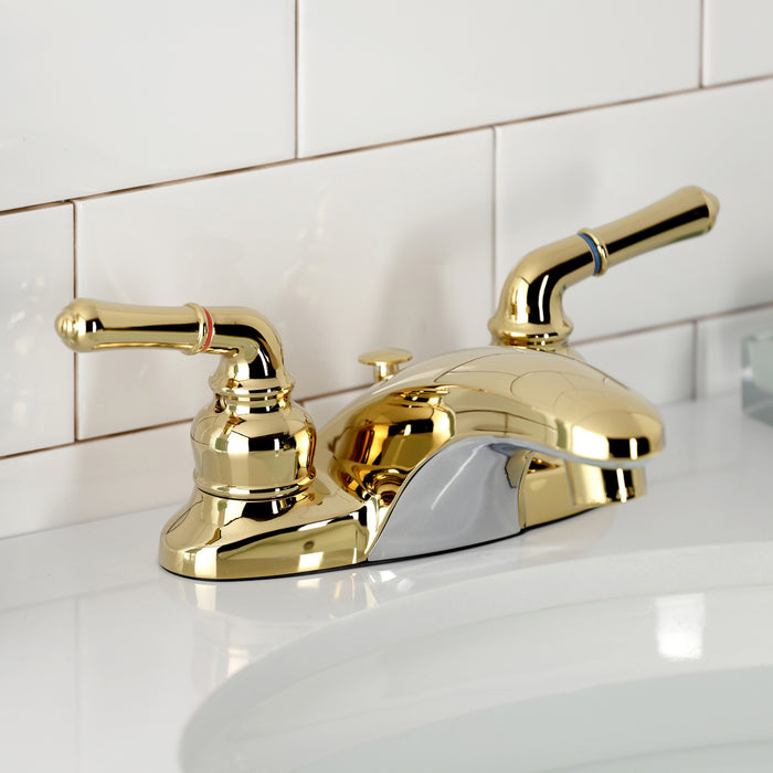 Magellan KB622 Two-Handle 3-Hole Deck Mount 4" Centerset Bathroom Faucet with Plastic Pop-Up, Polished Brass