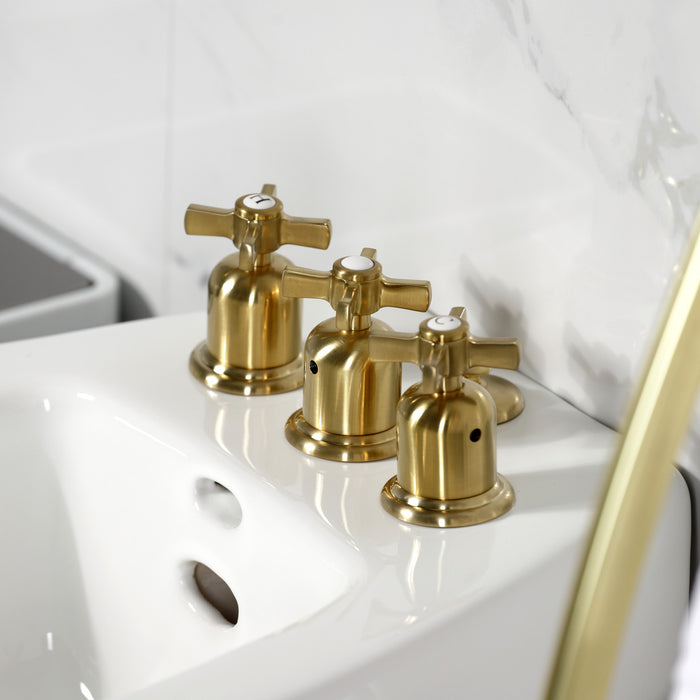 Kingston Tulare KB6327ZX - Millennium Three-Handle Deck Mount Vertical Spray Bidet Faucet with Brass Pop-Up, Brushed Brass