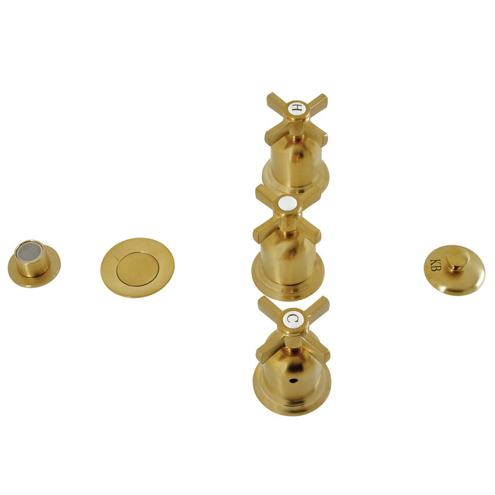 Kingston Tulare KB6327ZX - Millennium Three-Handle Deck Mount Vertical Spray Bidet Faucet with Brass Pop-Up, Brushed Brass