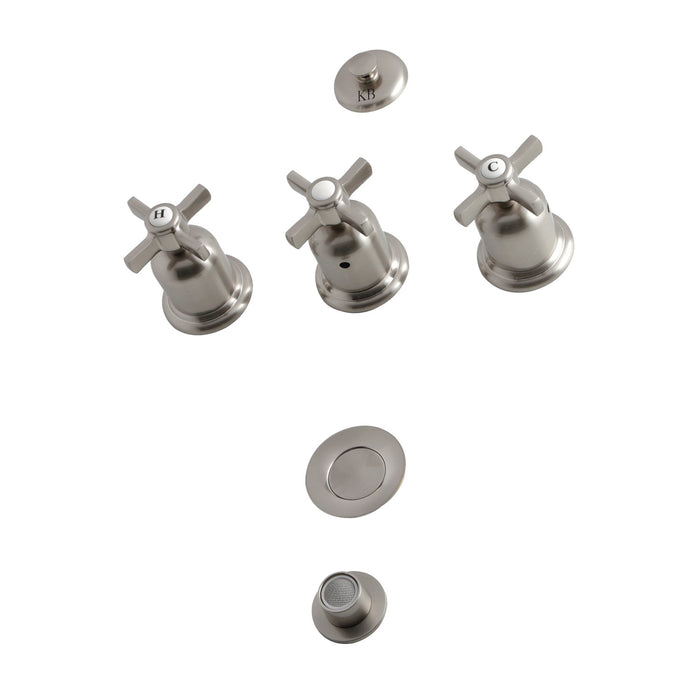 Kingston Tulare KB6328ZX - Millennium Three-Handle Deck Mount Vertical Spray Bidet Faucet with Brass Pop-Up, Brushed Nickel