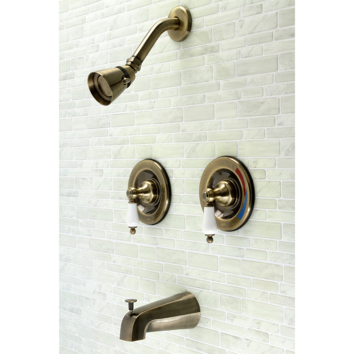 Vintage KB663PL Two-Handle 4-Hole Wall Mount Tub and Shower Faucet, Antique Brass