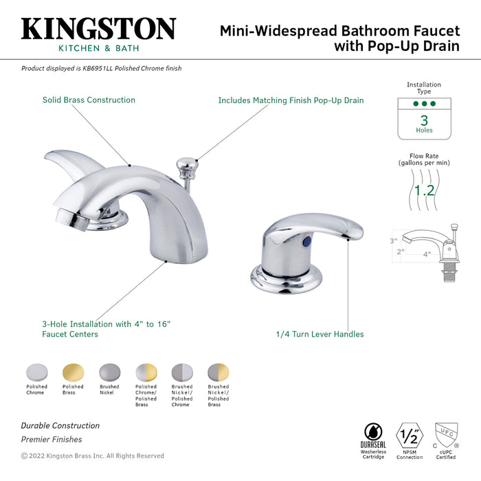 Legacy KB6952LL Two-Handle 3-Hole Deck Mount Mini-Widespread Bathroom Faucet with Plastic Pop-Up, Polished Brass