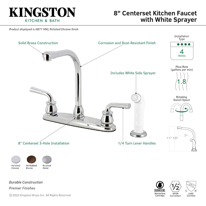 Restoration KB718RXL Two-Handle 4-Hole Deck Mount 8" Centerset Kitchen Faucet with White Sprayer, Brushed Nickel