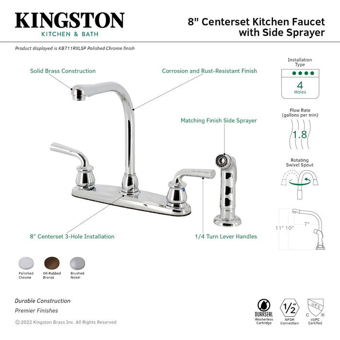 Restoration KB718RXLSP Two-Handle 4-Hole Deck Mount 8" Centerset Kitchen Faucet with Side Sprayer, Brushed Nickel