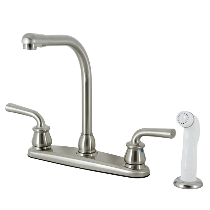 Restoration KB718RXL Two-Handle 4-Hole Deck Mount 8" Centerset Kitchen Faucet with White Sprayer, Brushed Nickel