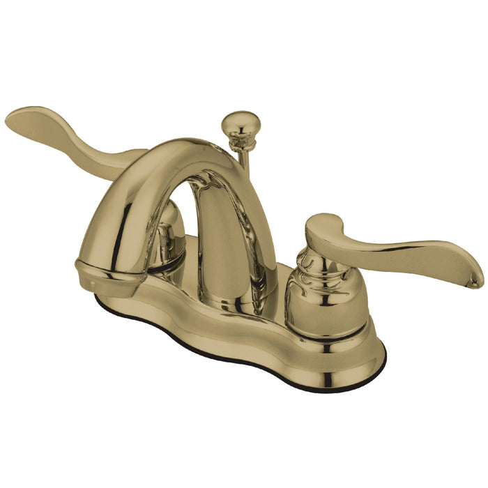 NuWave French KB7612NFL Two-Handle 3-Hole Deck Mount 4" Centerset Bathroom Faucet with Plastic Pop-Up, Polished Brass