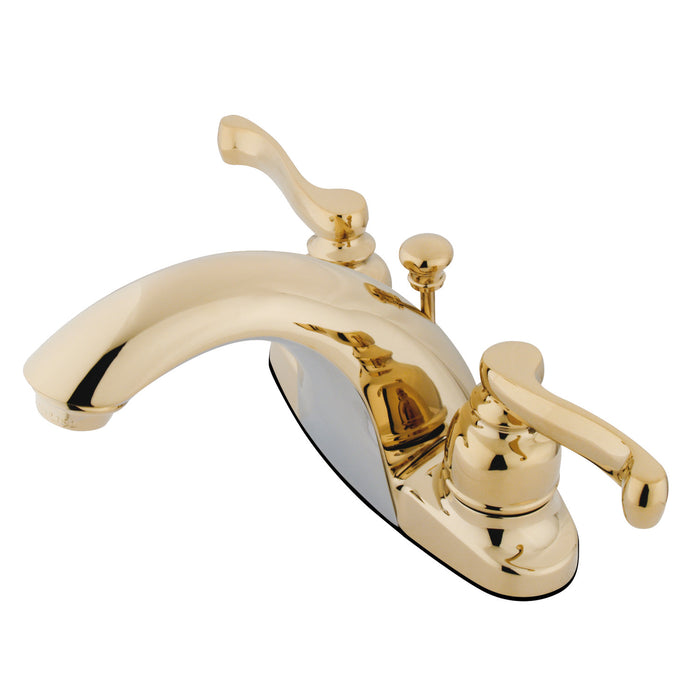 KB7642FL Two-Handle 3-Hole Deck Mount 4" Centerset Bathroom Faucet with Plastic Pop-Up, Polished Brass