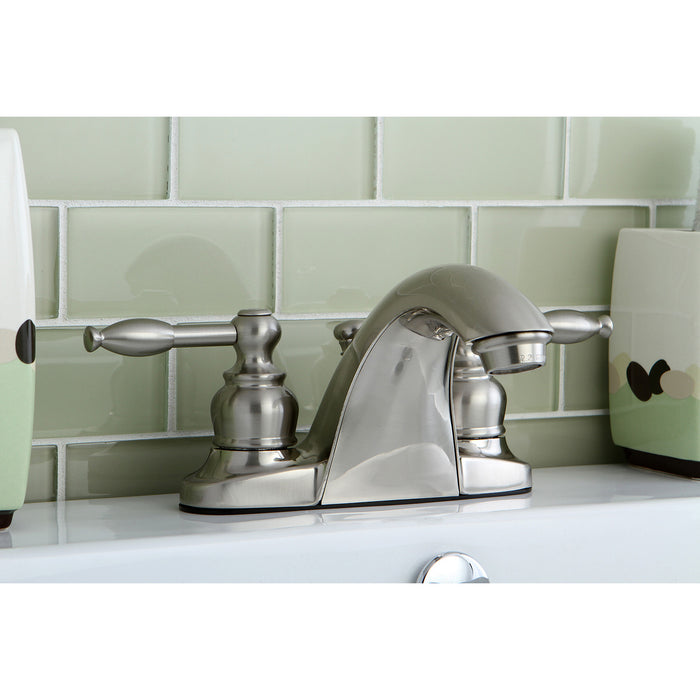 KB7648KL Two-Handle 3-Hole Deck Mount 4" Centerset Bathroom Faucet with Plastic Pop-Up, Brushed Nickel