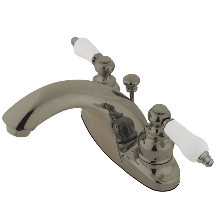 English Country KB7648PL Two-Handle 3-Hole Deck Mount 4" Centerset Bathroom Faucet with Plastic Pop-Up, Brushed Nickel