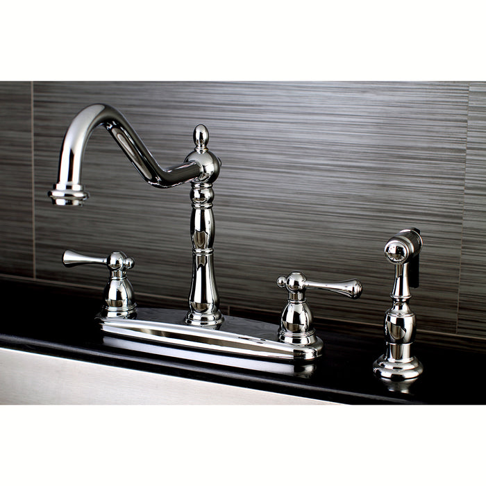 English Vintage KB7751BLBS Two-Handle 4-Hole Deck Mount 8" Centerset Kitchen Faucet with Side Sprayer, Polished Chrome