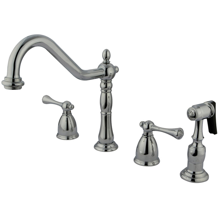 English Country KB7791BLBS Two-Handle 4-Hole Deck Mount Widespread Kitchen Faucet with Brass Sprayer, Polished Chrome