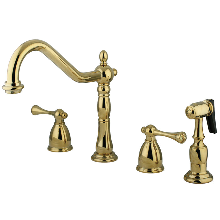 English Country KB7792BLBS Two-Handle 4-Hole Deck Mount Widespread Kitchen Faucet with Brass Sprayer, Polished Brass