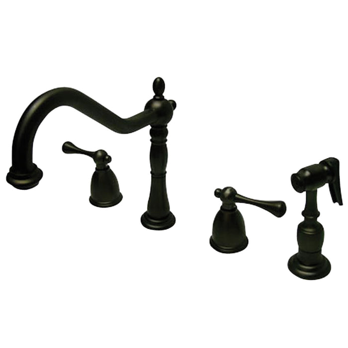 English Country KB7795BLBS Two-Handle 4-Hole Deck Mount Widespread Kitchen Faucet with Brass Sprayer, Oil Rubbed Bronze
