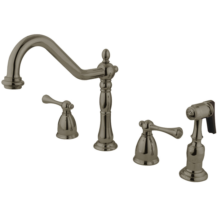 English Country KB7798BLBS Two-Handle 4-Hole Deck Mount Widespread Kitchen Faucet with Brass Sprayer, Brushed Nickel