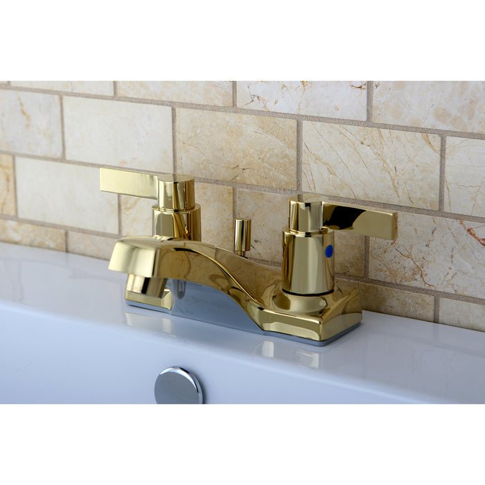 NuvoFusion KB8102NDL Two-Handle 3-Hole Deck Mount 4" Centerset Bathroom Faucet with Plastic Pop-Up, Polished Brass