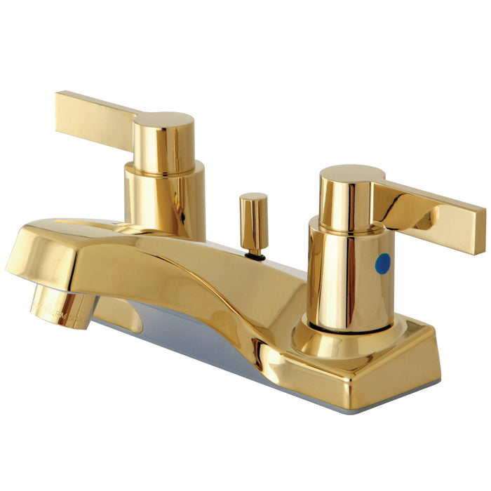 NuvoFusion KB8102NDL Two-Handle 3-Hole Deck Mount 4" Centerset Bathroom Faucet with Plastic Pop-Up, Polished Brass