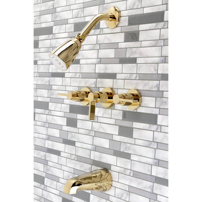 NuvoFusion KB8132NDL Three-Handle 5-Hole Wall Mount Tub and Shower Faucet, Polished Brass
