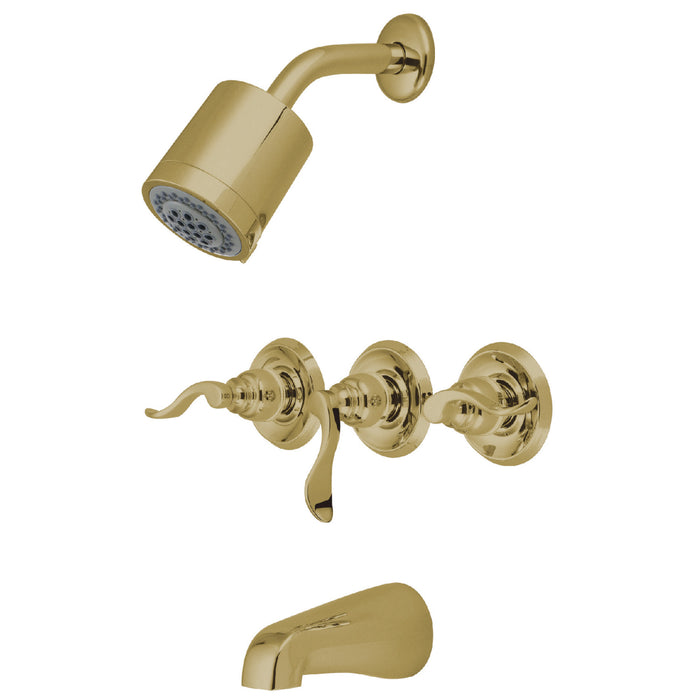 NuWave French KB8232NFL Three-Handle 5-Hole Wall Mount Tub and Shower Faucet, Polished Brass