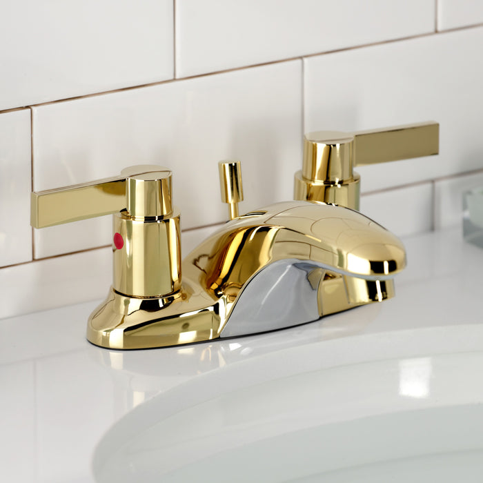 NuvoFusion KB8622NDL Two-Handle 3-Hole Deck Mount 4" Centerset Bathroom Faucet with Plastic Pop-Up, Polished Brass