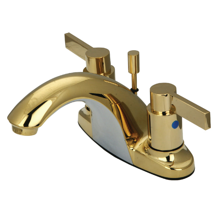 NuvoFusion KB8642NDL Two-Handle 3-Hole Deck Mount 4" Centerset Bathroom Faucet with Plastic Pop-Up, Polished Brass