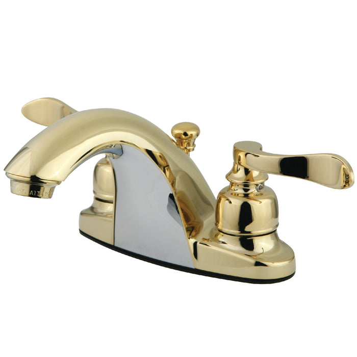 NuWave French KB8642NFL Two-Handle 3-Hole Deck Mount 4" Centerset Bathroom Faucet with Plastic Pop-Up, Polished Brass