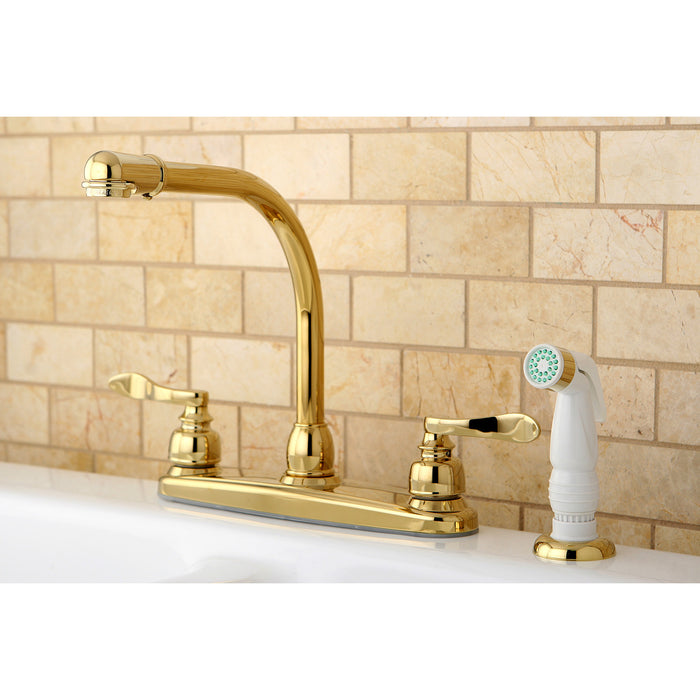 NuWave French KB8752NFL Two-Handle 4-Hole Deck Mount 8" Centerset Kitchen Faucet with Side Sprayer, Polished Brass