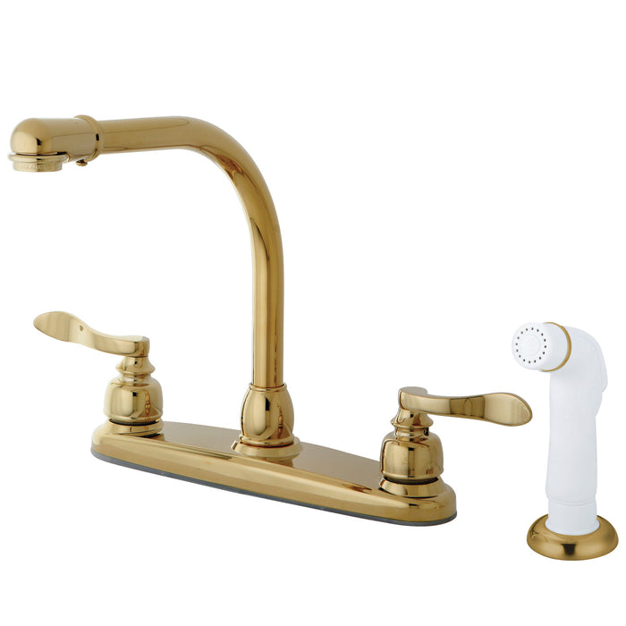 NuWave French KB8752NFL Two-Handle 4-Hole Deck Mount 8" Centerset Kitchen Faucet with Side Sprayer, Polished Brass