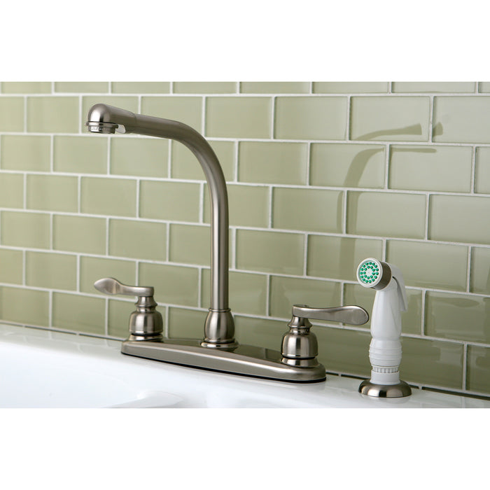 NuWave French KB8758NFL Two-Handle 4-Hole Deck Mount 8" Centerset Kitchen Faucet with Side Sprayer, Brushed Nickel