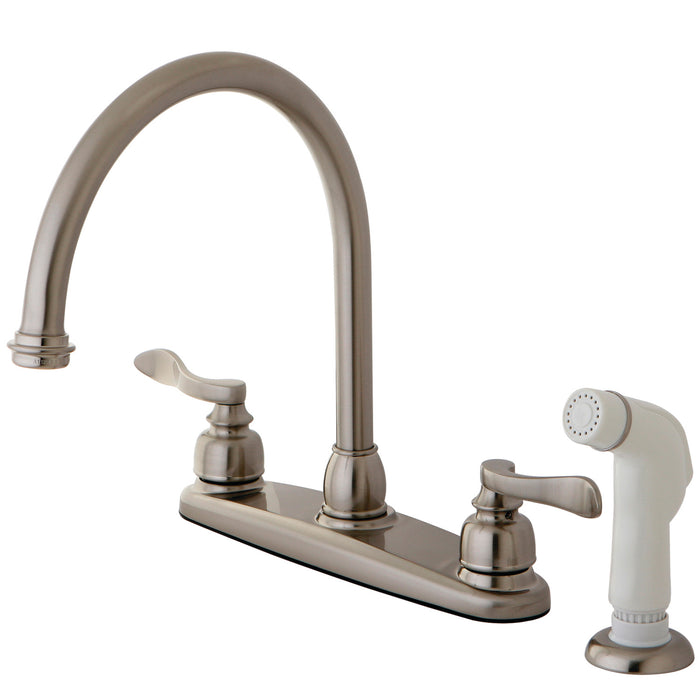 NuWave French KB8798NFL Two-Handle 4-Hole Deck Mount 8" Centerset Kitchen Faucet with Side Sprayer, Brushed Nickel
