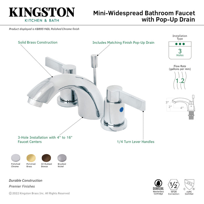 NuvoFusion KB8951NDL Two-Handle 3-Hole Deck Mount Mini-Widespread Bathroom Faucet with Plastic Pop-Up, Polished Chrome