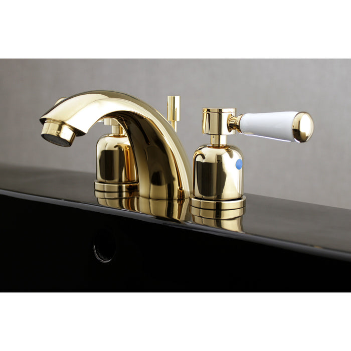 Paris KB8952DPL Two-Handle 3-Hole Deck Mount Mini-Widespread Bathroom Faucet with Plastic Pop-Up, Polished Brass