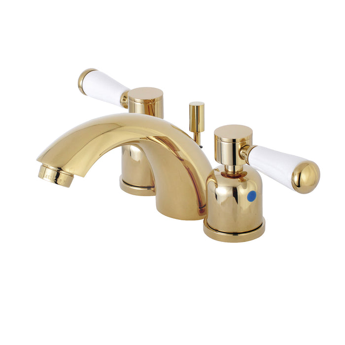 Paris KB8952DPL Two-Handle 3-Hole Deck Mount Mini-Widespread Bathroom Faucet with Plastic Pop-Up, Polished Brass