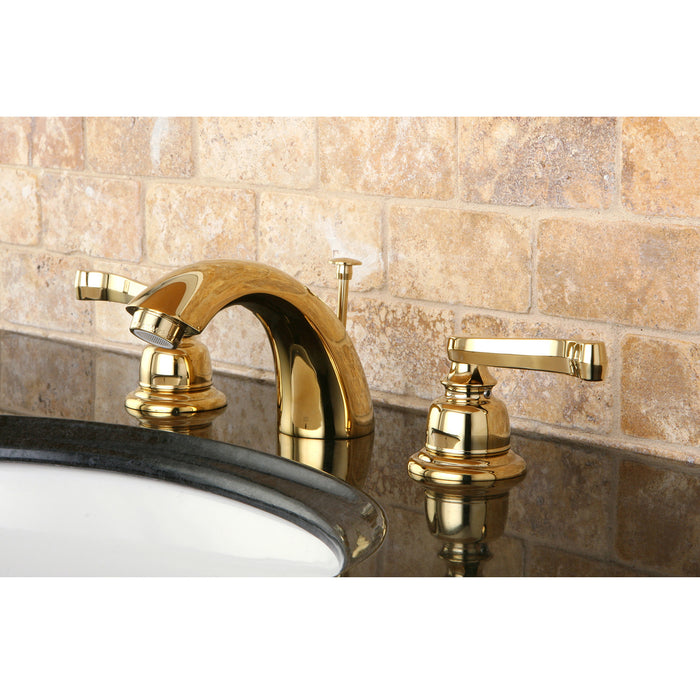 Royale KB8952FL Two-Handle 3-Hole Deck Mount Mini-Widespread Bathroom Faucet with Plastic Pop-Up, Polished Brass