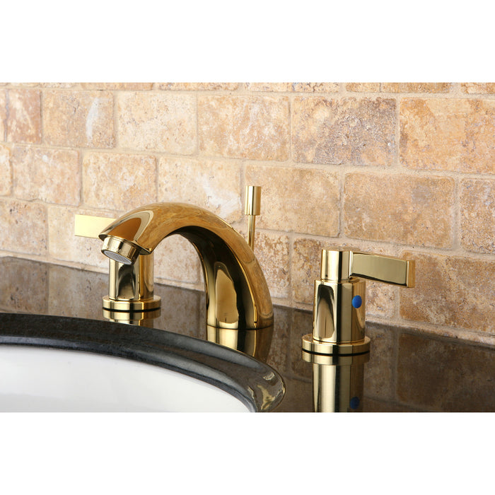 NuvoFusion KB8952NDL Two-Handle 3-Hole Deck Mount Mini-Widespread Bathroom Faucet with Plastic Pop-Up, Polished Brass